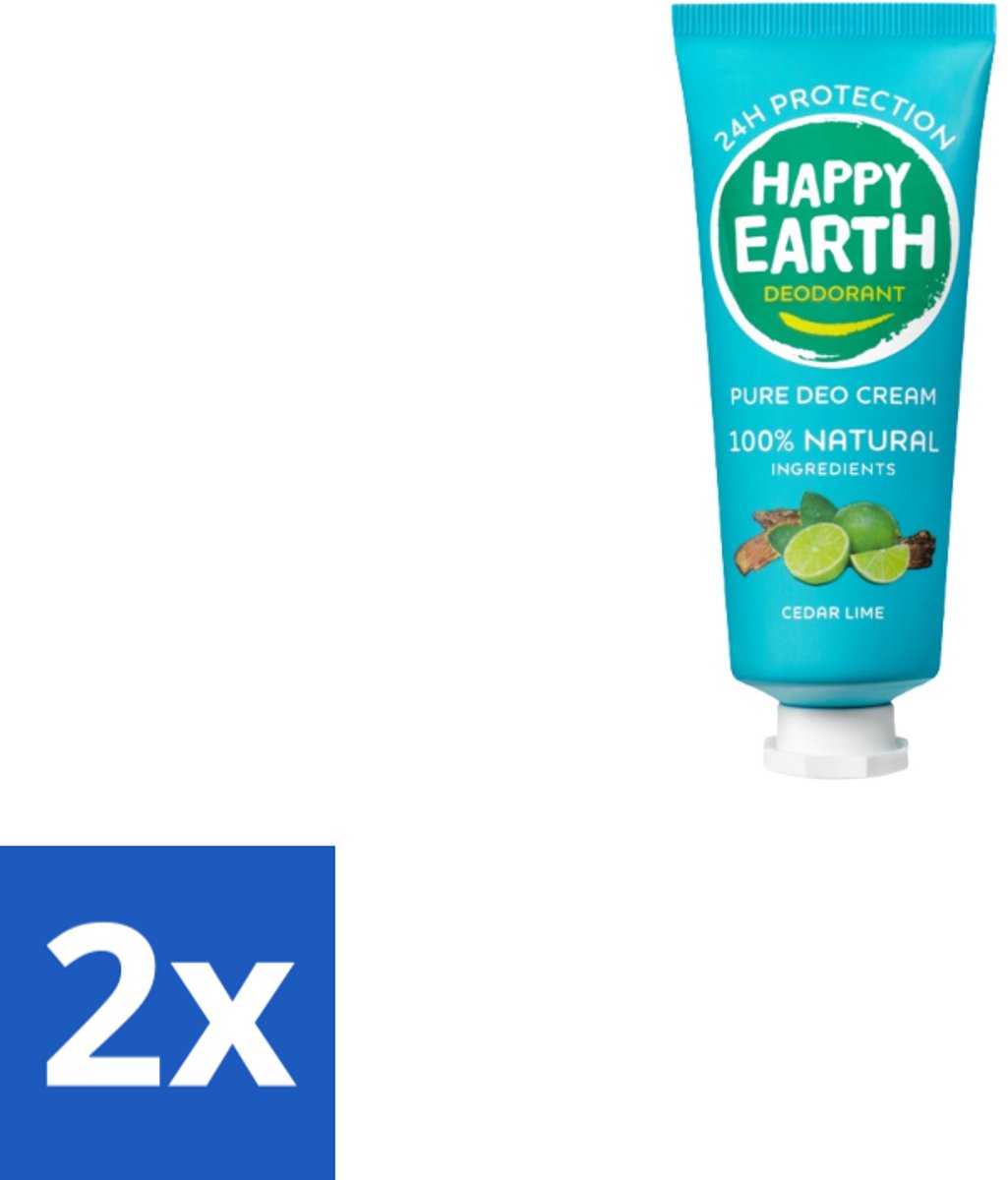 2 x Happy Earth – Deodorant Cream – 100% Natuurlijk Cedar Lime – 40 ml - Natuurlijke Deodorant - Deodorant Crème - Frisse Geur - Cederhout - Limoen