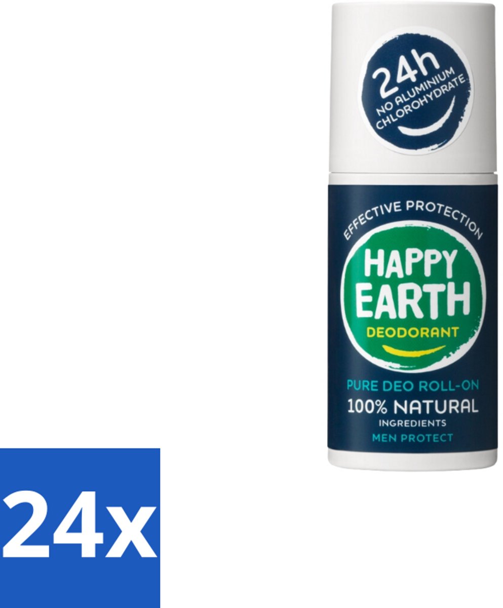 24 x Happy Earth – Deodorant Roll-On – 100% Natuurlijk Men Protect – 75 ml - Natuurlijke Deodorant Voor Mannen - Frisse Geur - Deodorant Zonder Aluminium - Huidvriendelijk - Vegan Deodorant