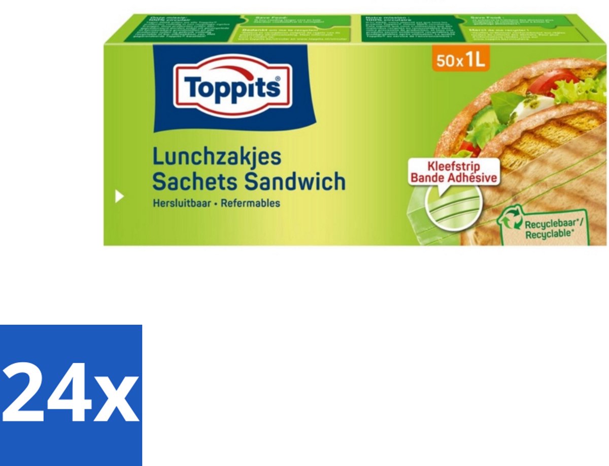 24 x Toppits – Lunchzakjes – Hersluitbaar – 1 Liter – 50 Zakjes - Sandwichzakjes - Lunchzakjes - Snacks - Broodjes - Fruit