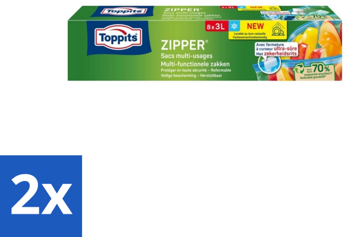 2 x Toppits – Zipper Multifunctionele Zakken – 3 Liter – 8 Zakjes - Zipper Zakken - Lekvrij - Herbruikbaar - Marineren - Etenswaren Bewaren