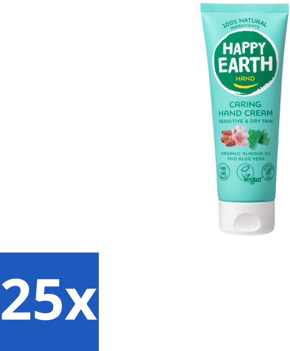 25 x Happy Earth – Handcrème – 100% Natuurlijk – 75 ml - Voordeelverpakking - 25 stuks