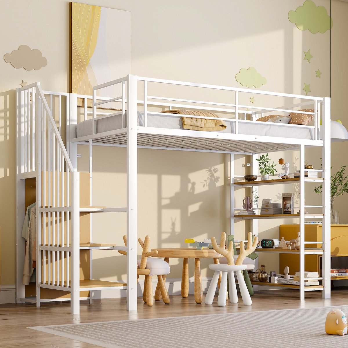 Metalen Hoogslaper 90x200 cm - Met Opbergruimte - Met Kledingkast - Met Ladder - Wit