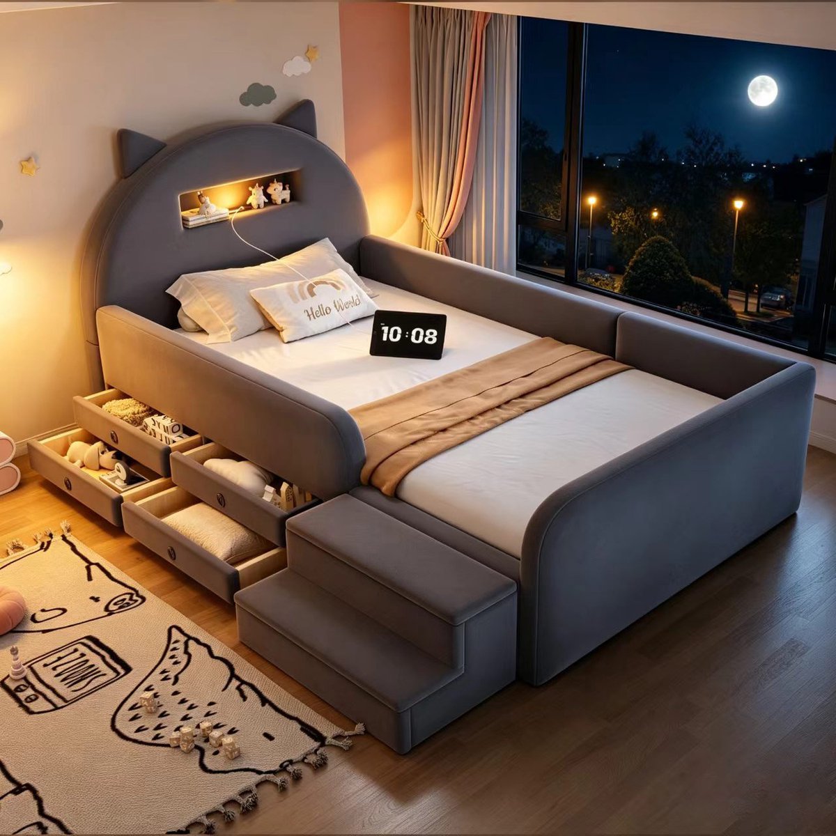 Gepolsterd Kinderbed 90x200 cm - Met Opbergruimte - Met USB-aansluiting - Dark Grijs