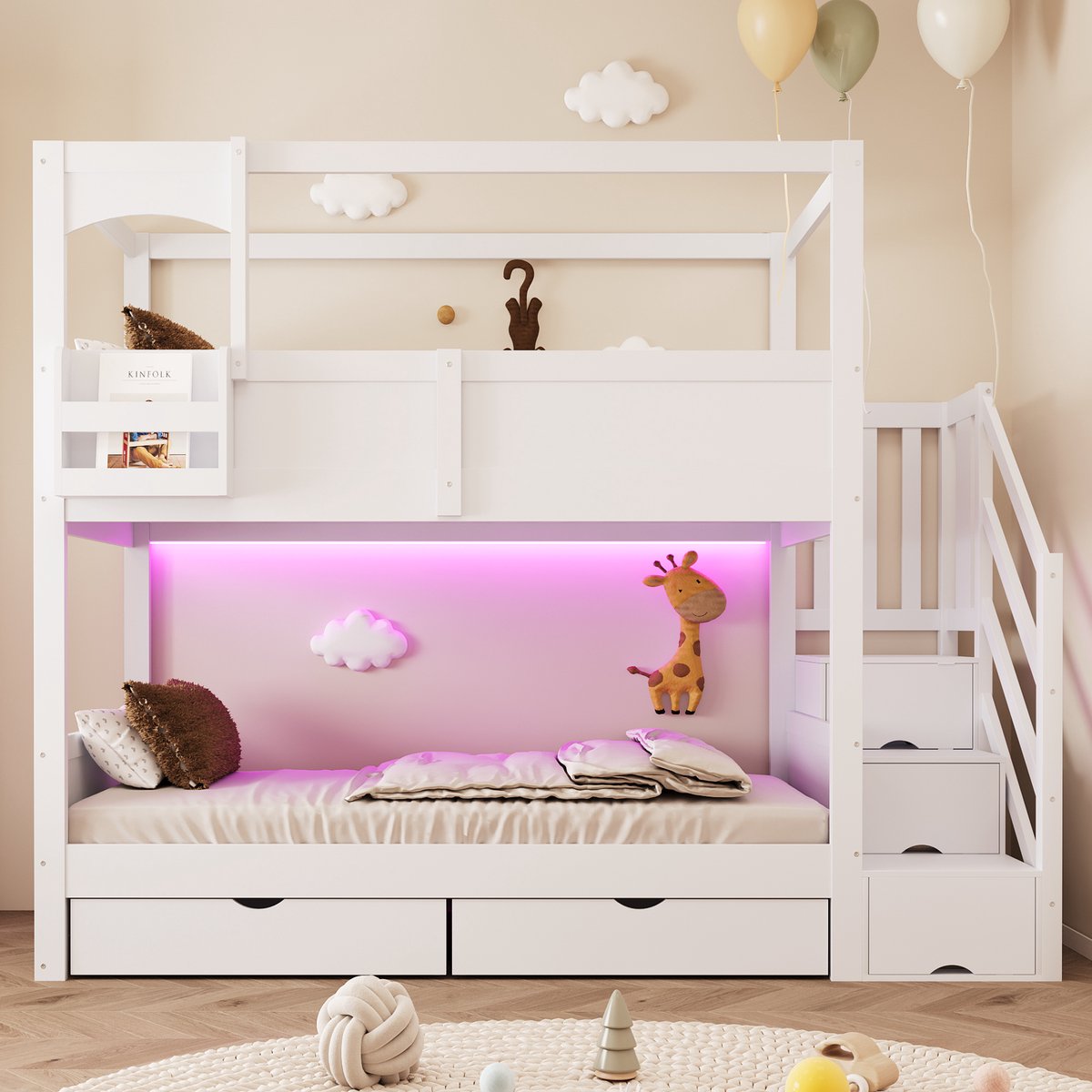 Stapelbed 90x200 cm - Met Ladder - Met Opbergruimte - Met Valbeveiliging - Met Lades - Wit