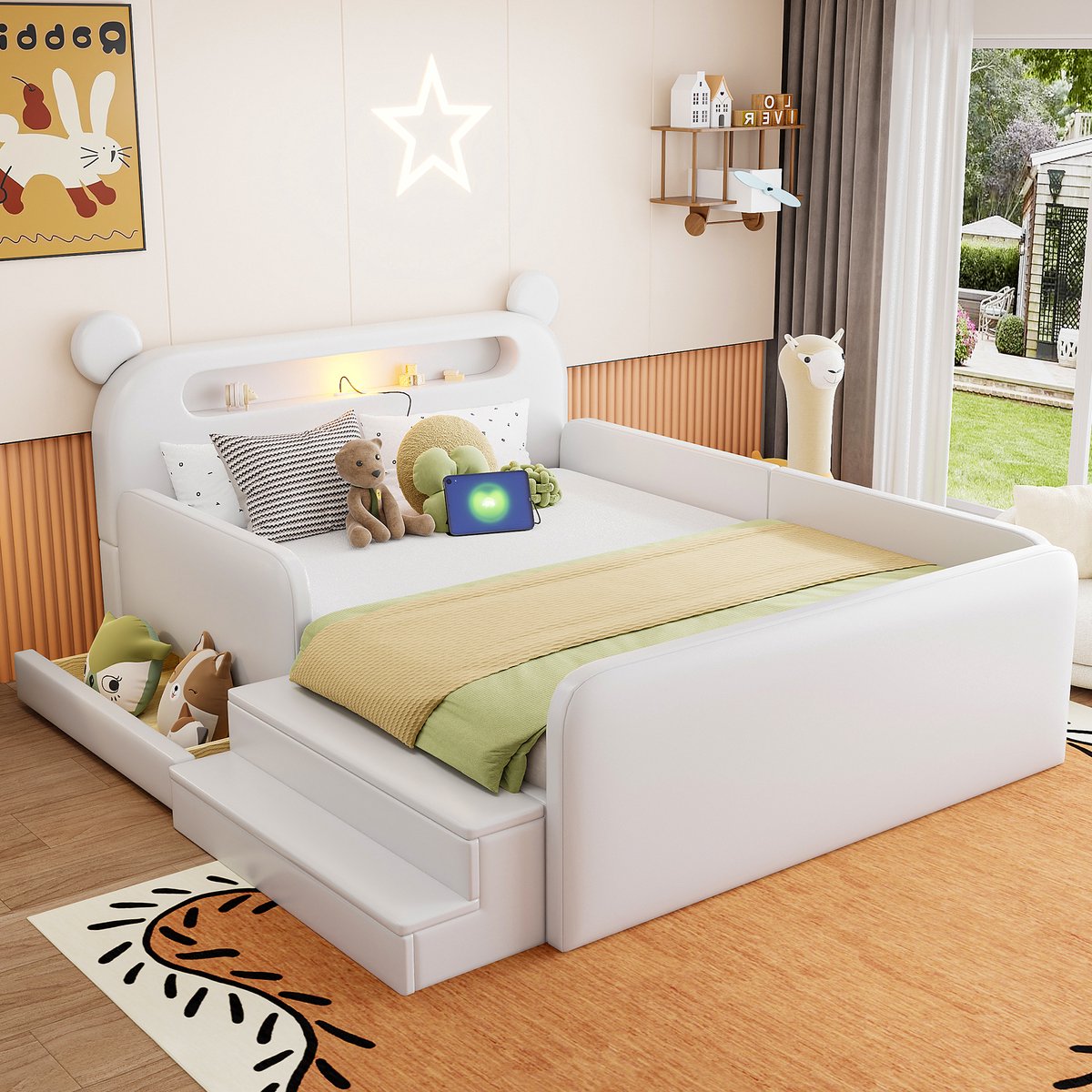Gepolsterd Kinderbed 140x200 cm - Met Opbergruimte - Met LED-verlichting - Met USB-aansluiting - Wit