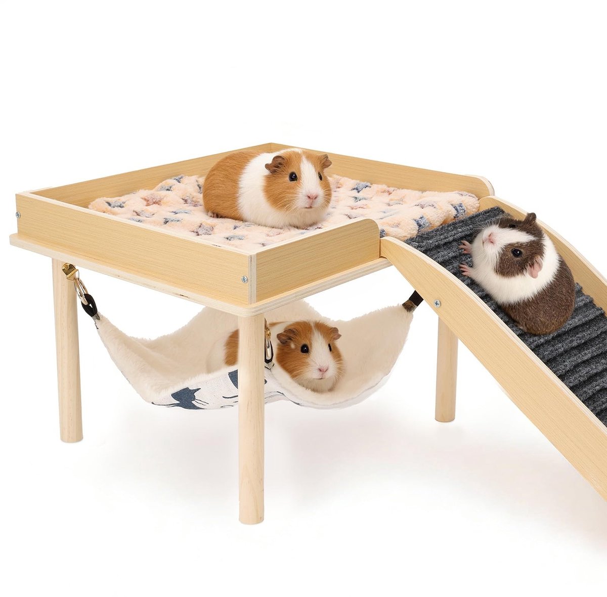 Elzusha- Caviahuis met Hangmat - Houten Habitat voor Kleine Huisdieren - Geschikt voor 2-4 Cavia's - Antislip Hellingen - Comfortabele Zolder 32 x 32 cm - Dierenverblijf