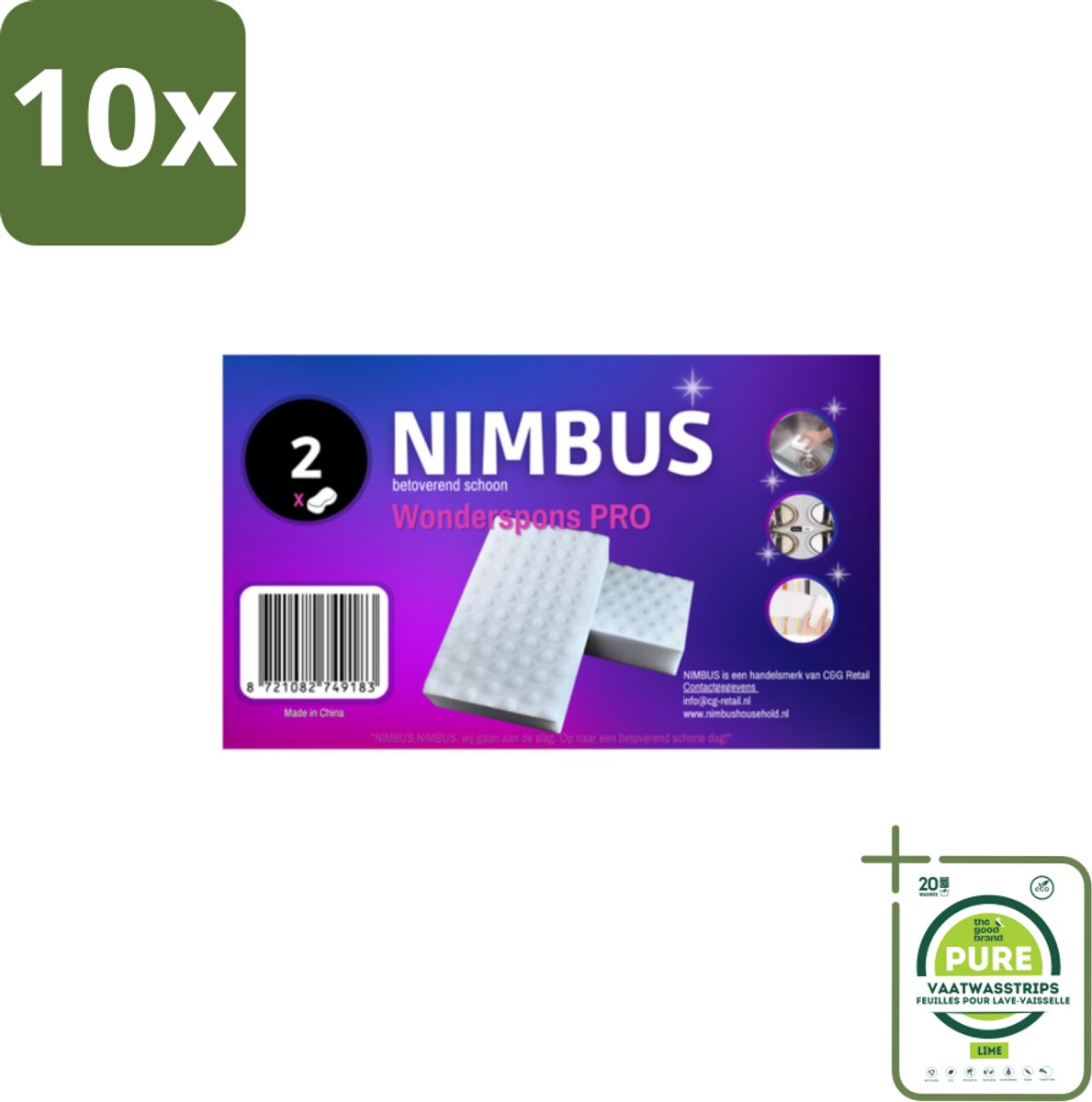 10 x NIMBUS Wonderspons Pro Wit 2 stuks per verpakking - Grootverpakking - Schoonmaken - Reinigen - Vuil Verwijderen - Vlekken Verwijderen - Water Reinigen