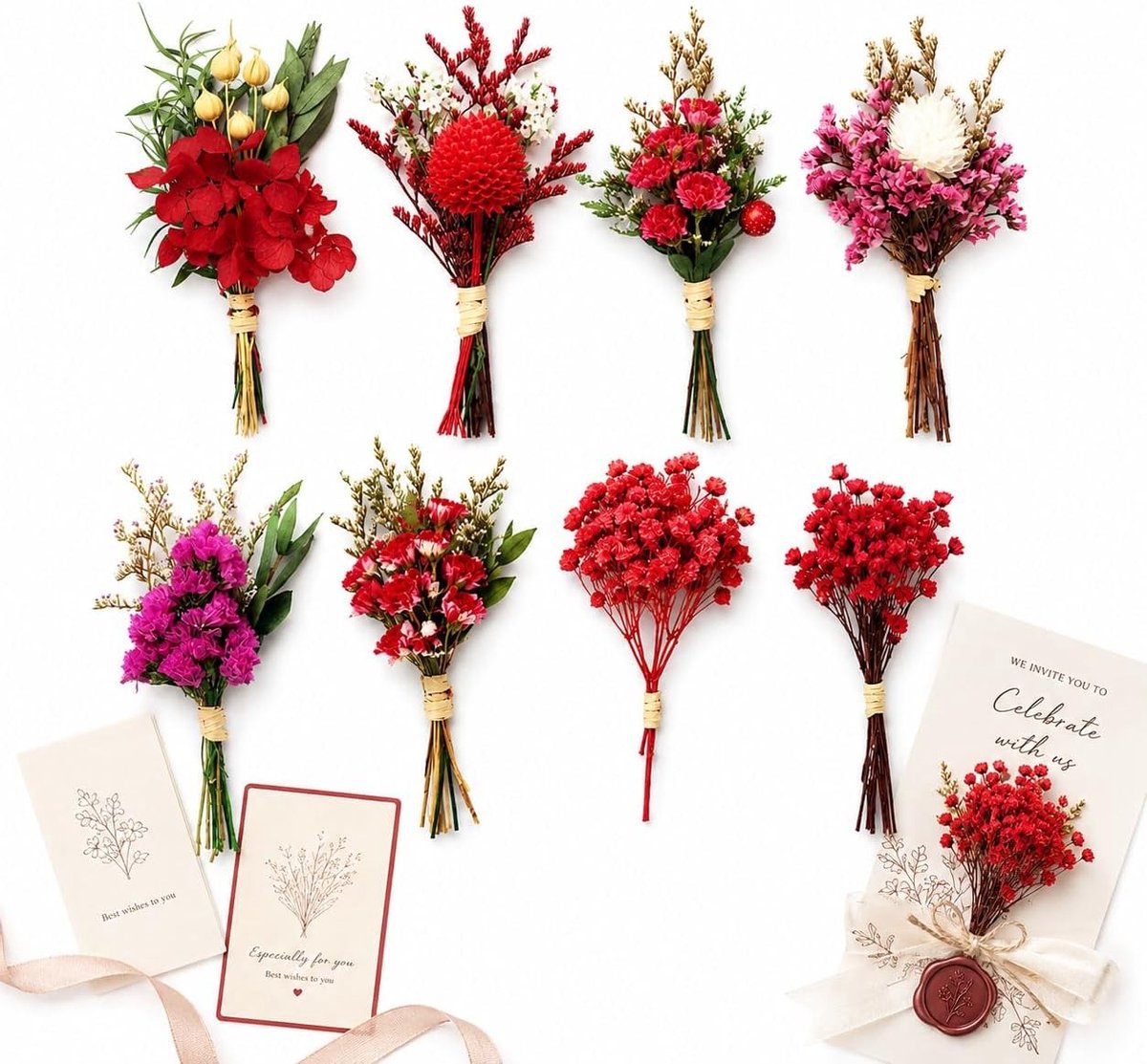 Mini boeketten van gedroogde bloemen in rode tinten voor scrapbooking, bruiloften en romantische decoraties, perfect voor cadeaus en ambachten