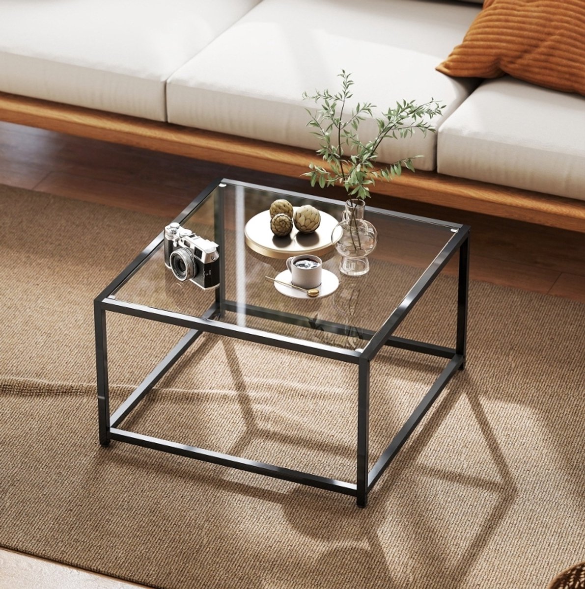 OKWISH Salontafel – Vierkant – Zwart – Gehard Glas En Stalen Frame – 68 X 68 X 39 Cm – Industriële Stijl