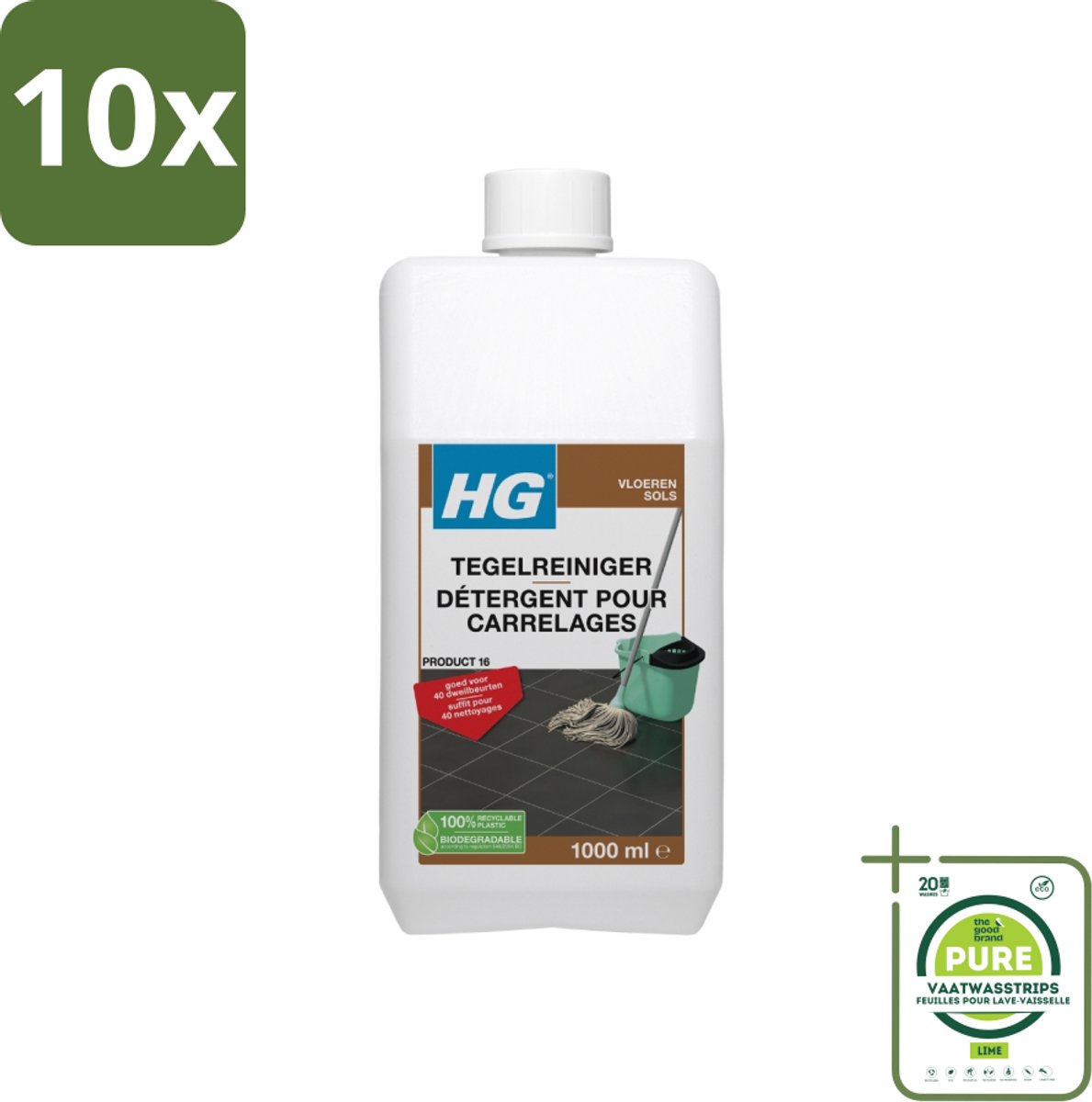 10 x HG Tegelreiniger Quick 1 liter - Grootverpakking - Tegelreiniger - Vloerreiniger - Dweilreiniger - Vloeren Schoonmaken - Tegelvloer Schoonmaken
