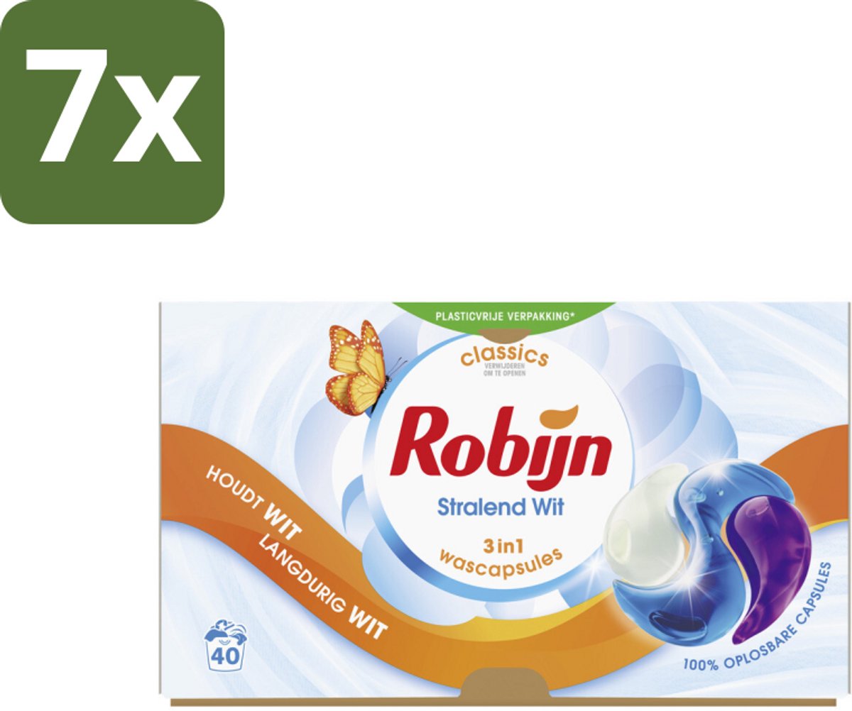 Robijn Wascapsules 3-in-1 Stralend Wit 40 stuks per verpakking - Bulkverpakking - 7 stuks