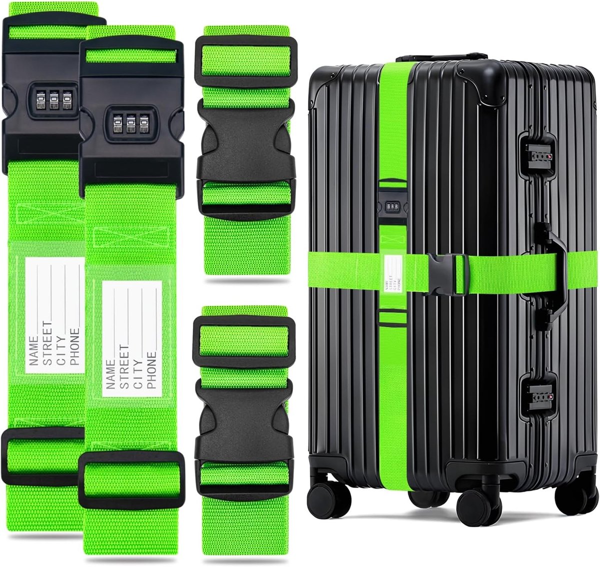 Verstelbare Bagagestraps met Combinatielock - 4 Stuks, Sterke Veiligheidsbanden voor Reisbagage, Groene Kleur, Tot 250 cm Lengte
