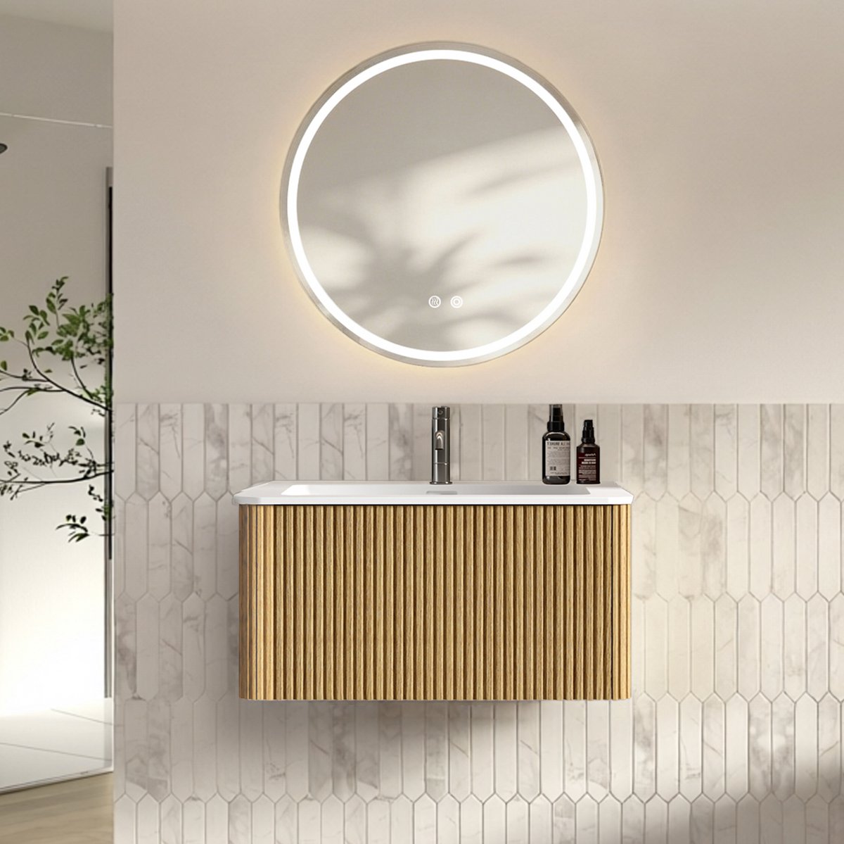 STILVORA Badkamerkast - Wandhangend Badmeubel Met Lade En Led Spiegel - Ruimtebesparend Voor Badkamer - Houtlook - 80 Cm - Eikenkleur