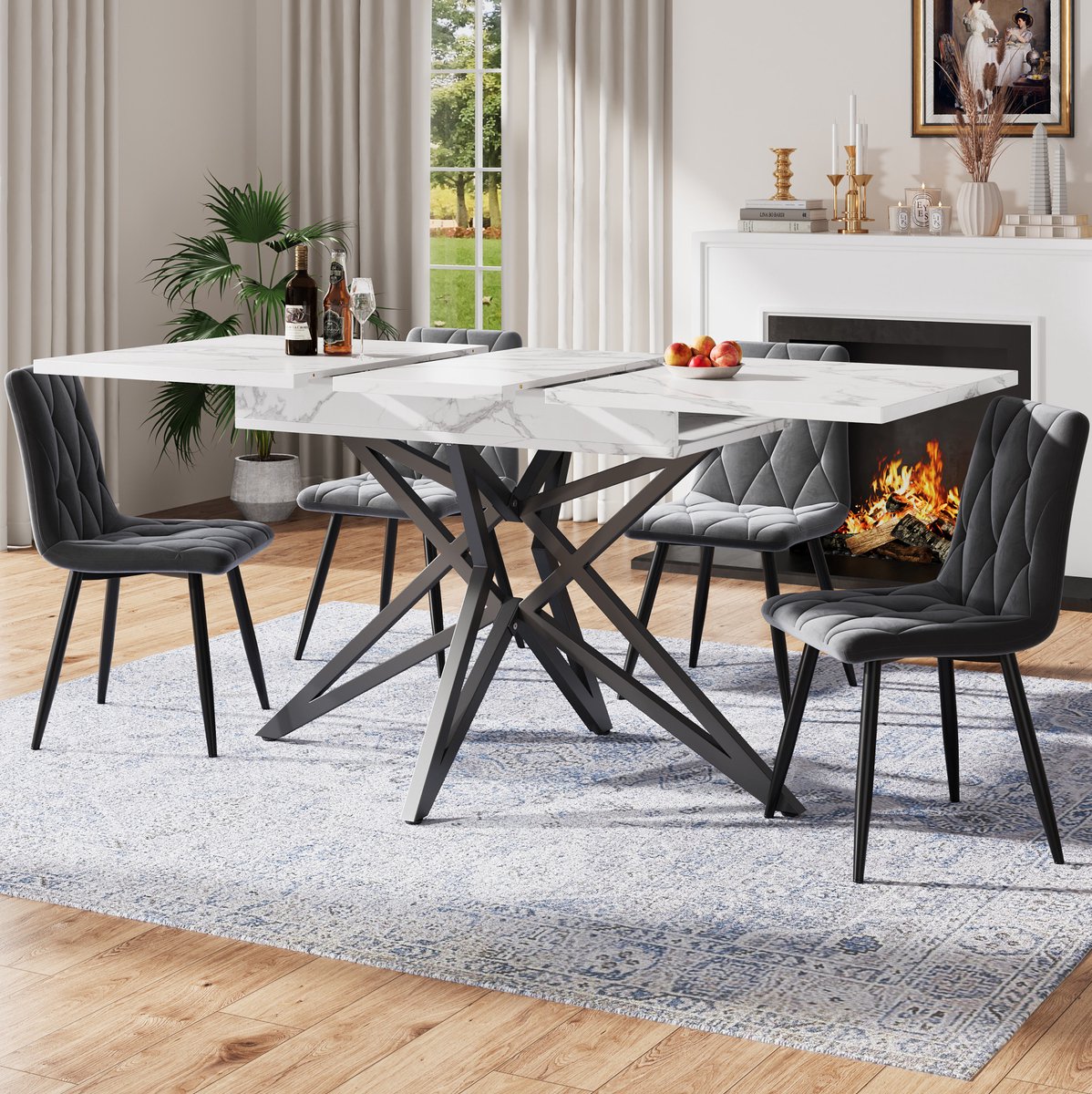 Wishdor Set tafel en stoelen - Uittrekbare eettafel met 4 stoelen - Marmereffect - Eetkamer woonkamer - Bewerkt hout met metaal - Wit donkergrijs zwart - 160 x 80 x 66,1 cm