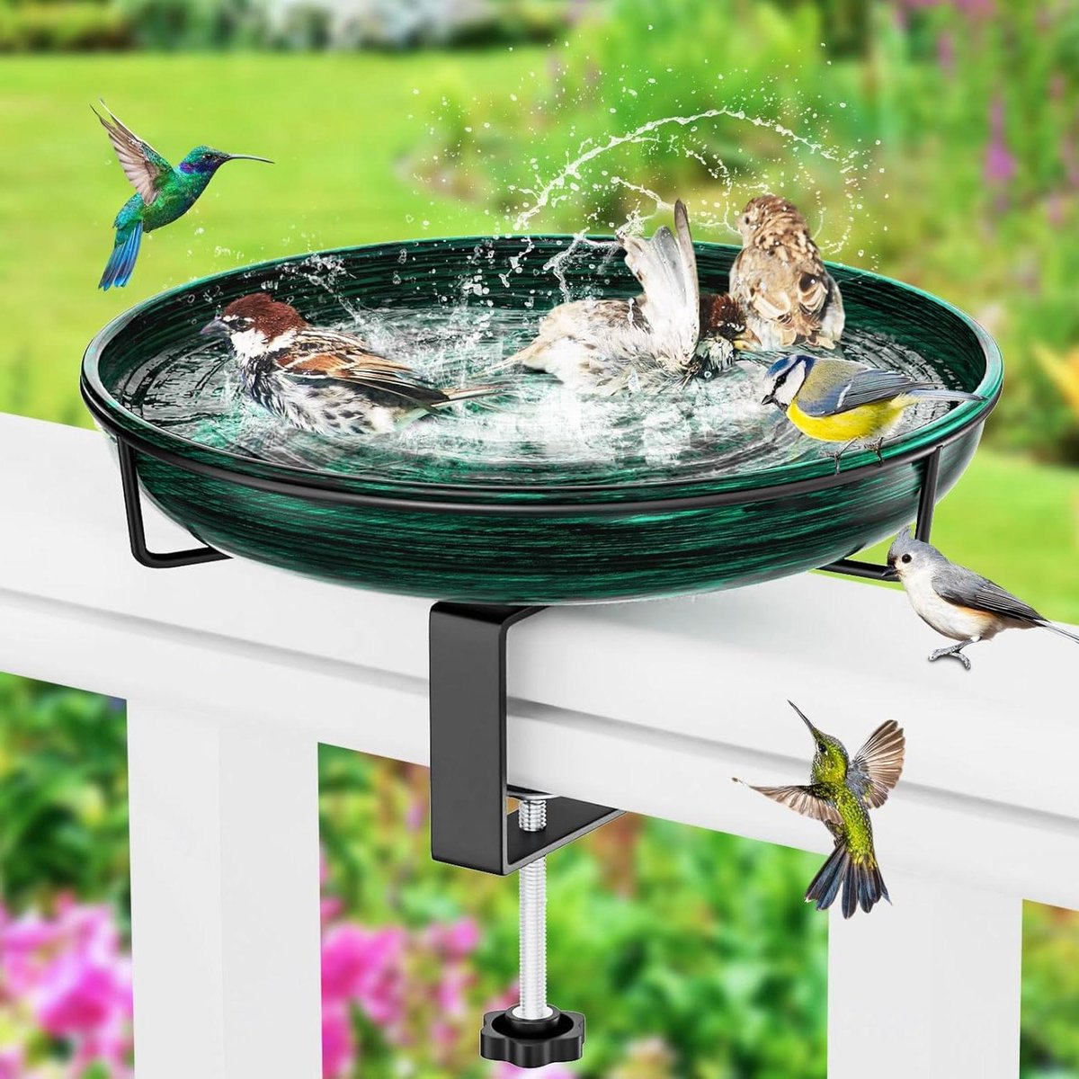 Vogelbad voor balkon - Hangend waterbad - Vogels voeren - Vorstbestendige metalen kuip - 30 cm diameter - Vintage groen
