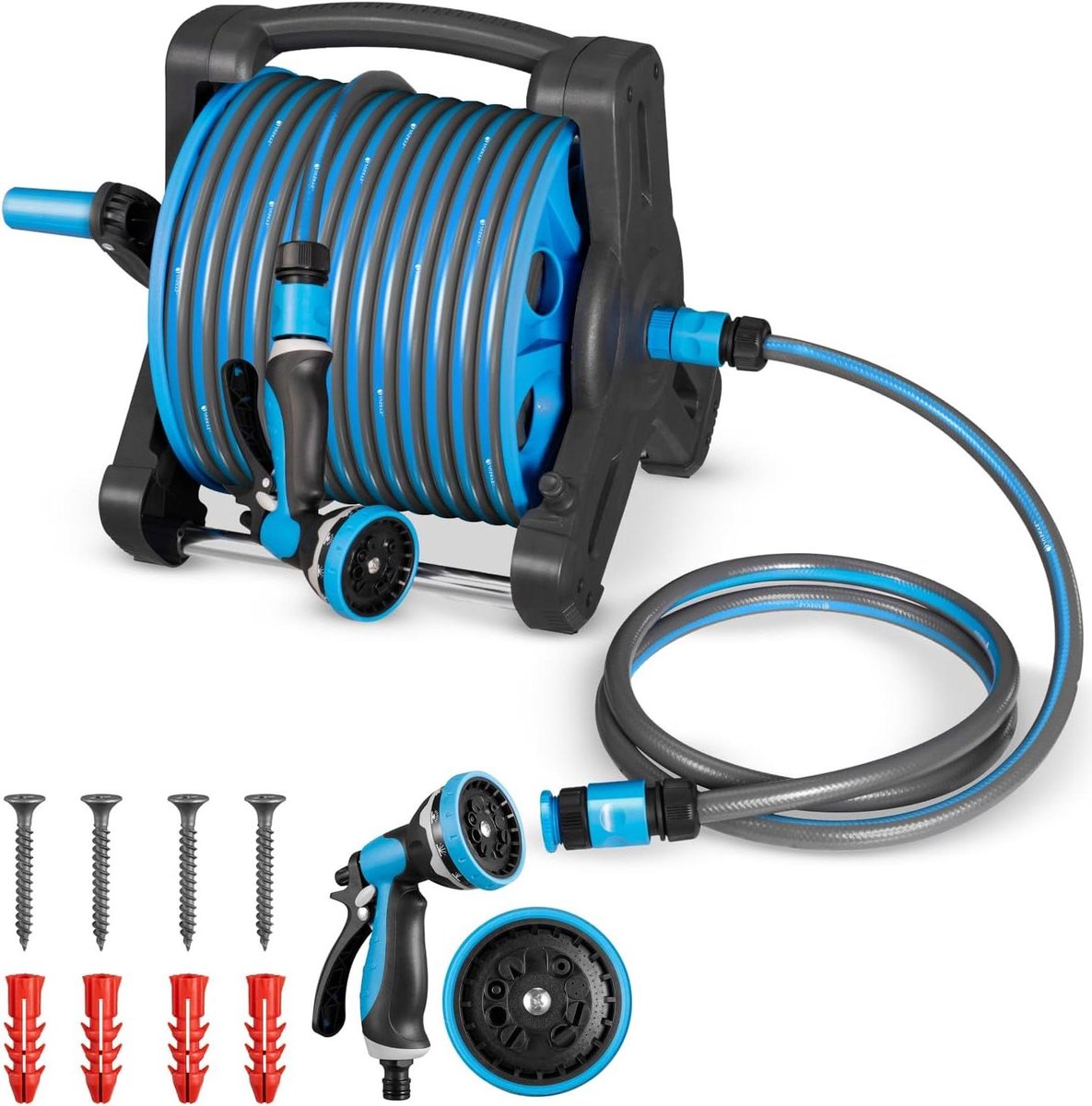 Slanghaspel met slang - Mobiele oproller - Tuin bewateren - 10 sproeifuncties - 30 meter slang - Blauw donkergrijs