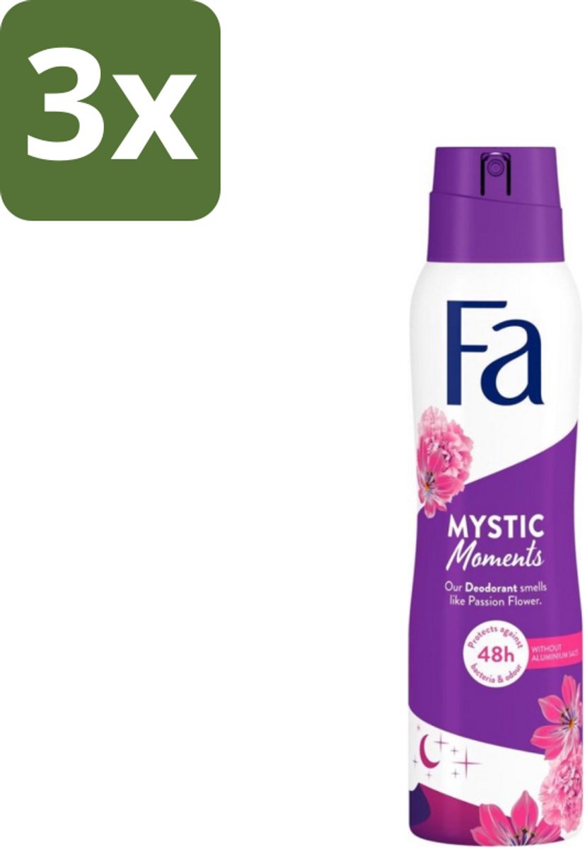 3 x Fa - Deodorant Spray - Mystic Moments - Passiebloem geur - 48 uur Bescherming - 150 ml - Deodorant Spray - Passiebloem Geur - 48 Uur Bescherming - Geurveroorzakende Bacteriën - Dermatologisch Getest