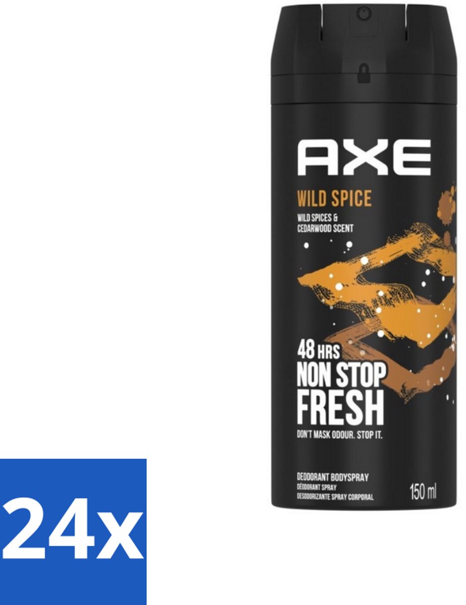 24 x Axe - Deodorant Bodyspray - 48hrs Non Stop Fresh - Wild Spice - Wild Spices & Cedarwood - 150 ml - Axe Wild Spice - Deodorant Bodyspray - Cederhout Geur - Frisse Geur - Anti-geur
