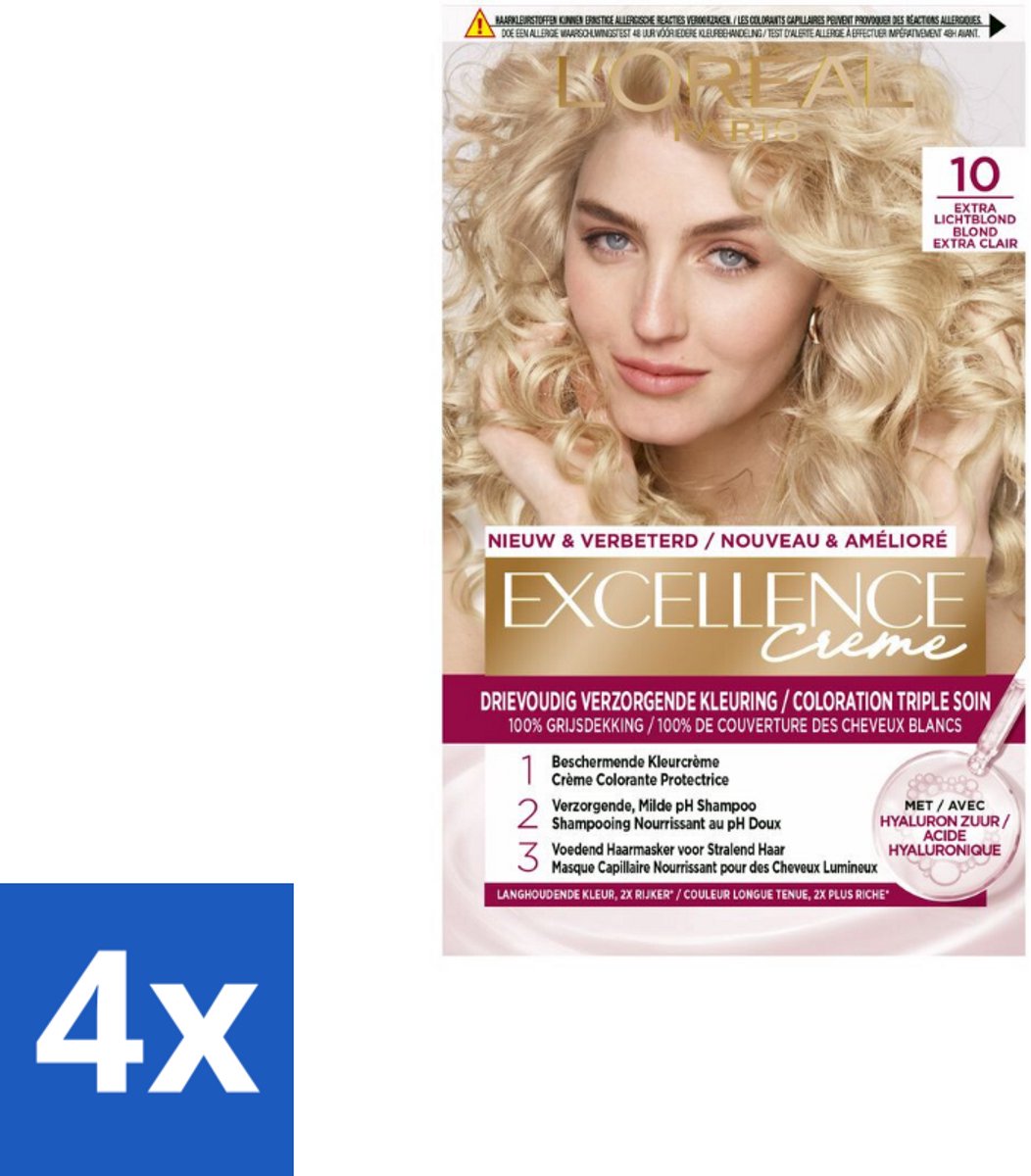 L'Oréal Excellence Crème Permanente Crèmekleuring 10 Extra Lichtblond - Voordeelverpakking - 4 stuks