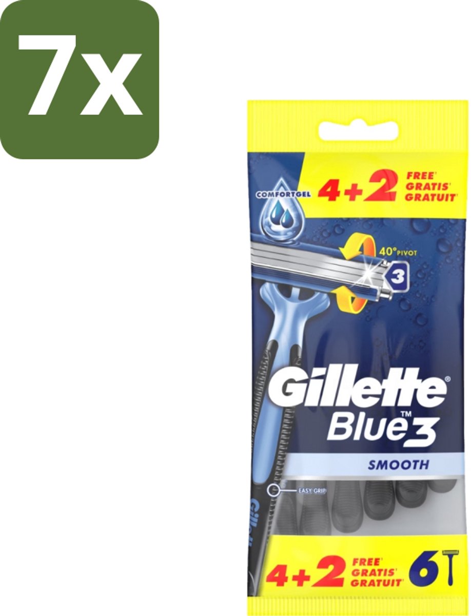 7 x Gillette - Blue 3 Smooth - Wegwerpscheermesjes - Comfortabele scheerbeurt - 6 Scheermesjes - Scheermesje - Wegwerpscheermesje - Scheren - Scheren Voor Mannen - Comfortabele Scheerbeurt
