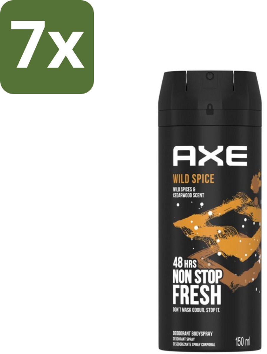 7 x Axe - Deodorant Bodyspray - 48hrs Non Stop Fresh - Wild Spice - Wild Spices & Cedarwood - 150 ml - Axe Wild Spice - Deodorant Bodyspray - 48 Uur Fris - Anti-geur - Cederhout Geur