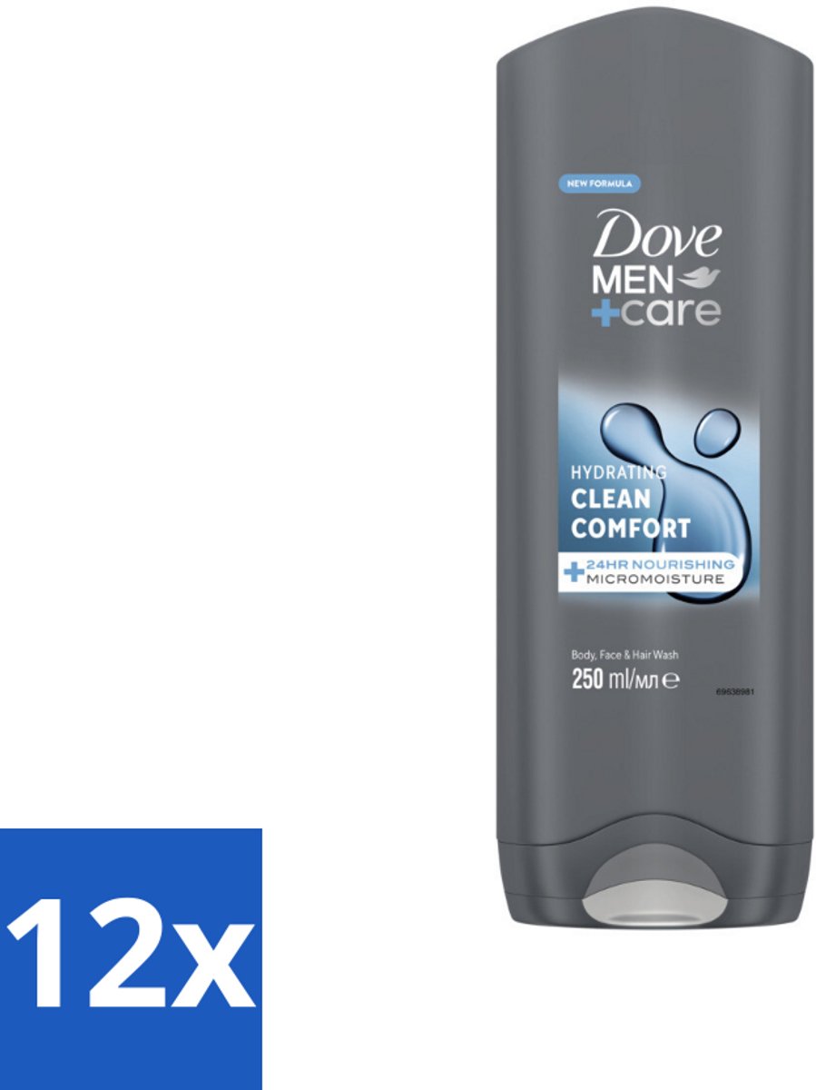 12 x Dove Douchegel Men+ Care Clean Comfort 250 ml - Douchegel - Fris - Energieke Geur - Hydraterende Douchegel - Zachte Huid