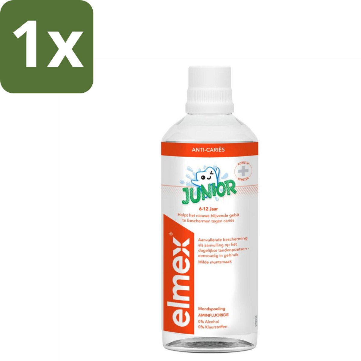 1 x Elmex Mondspoeling Junior (5-12 Jaar) 400 ml - Tandspoeling Voor Jongeren - Gaatjesbescherming - Aminfluoride - Beugelbescherming - Alcoholvrije Mondspoeling