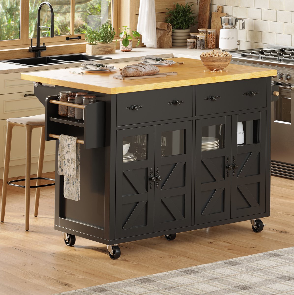 COVREO Keukeneiland met wielen 140 x 73 x 93,5 cm zwart MDF, opbergruimte