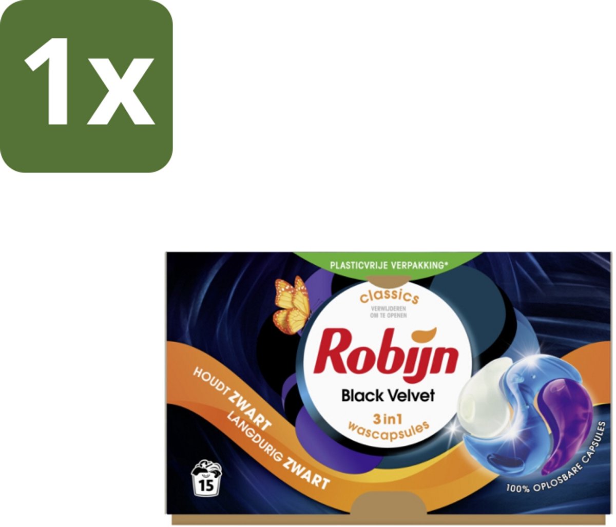 1 x Robijn Wascapsules 3-in1 Black Velvet 15 stuks per verpakking - Zwarte Was - Zwart Kleding - Kleurbehoud - Wascapsules - Black Serum