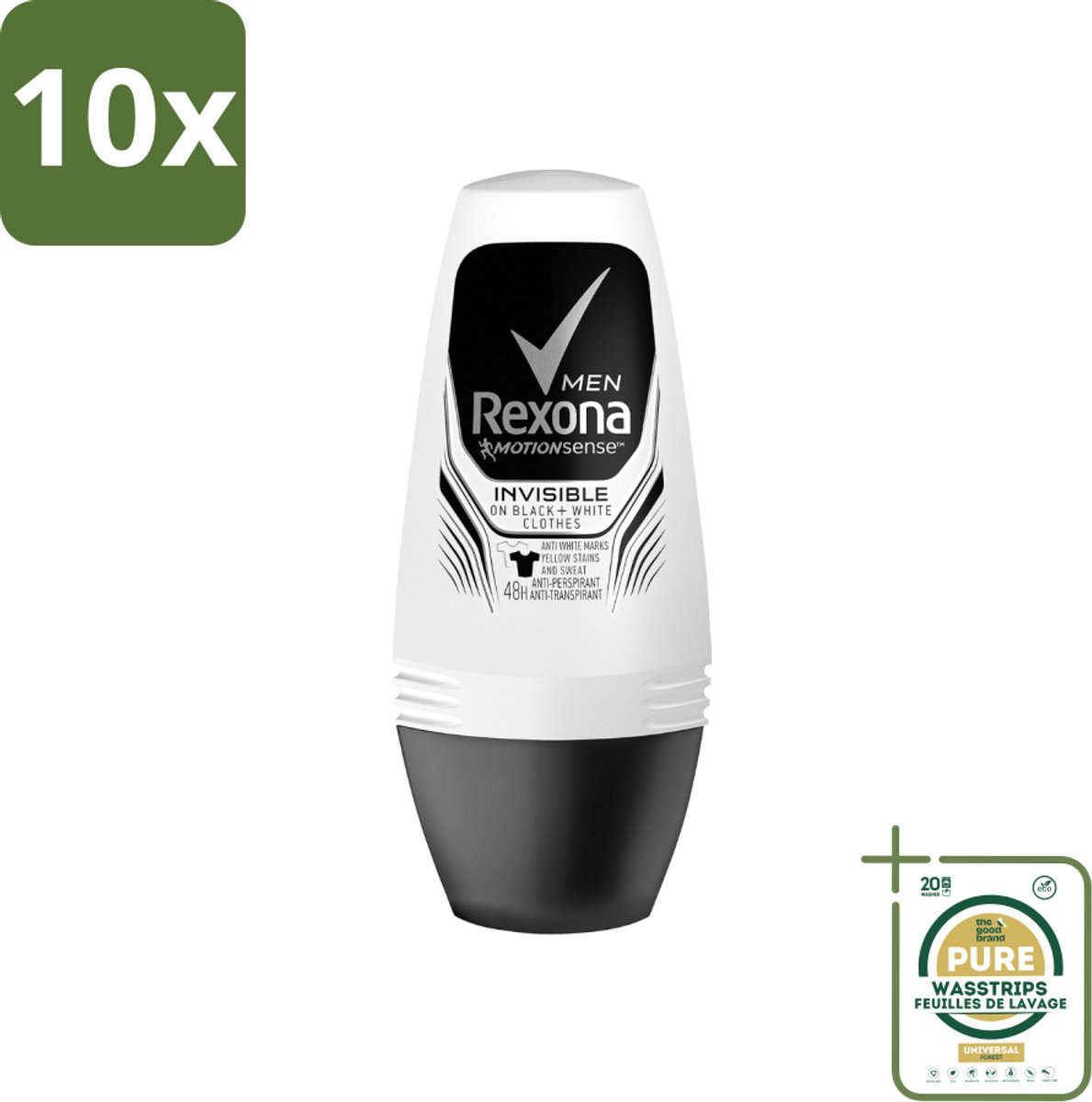 10 x Rexona Men - Invisible On Black & White - Deo Roller - 50 ml - Grootverpakking - Deodorant Voor Mannen - Zweetbescherming - Vlekkenbescherming - Roll-on Deodorant - Frisheid