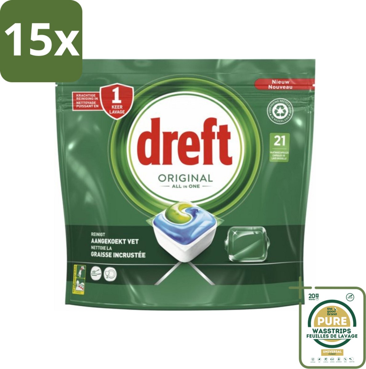 15 x Dreft - Original All In One - Vaatwascapsules - Tegen Aangekoekt Vet - 21 Capsules - Grootverpakking - Vaatwasser - Vaatwascapsules - Reiniging - Vetoplossing - Aangekoekt Vet