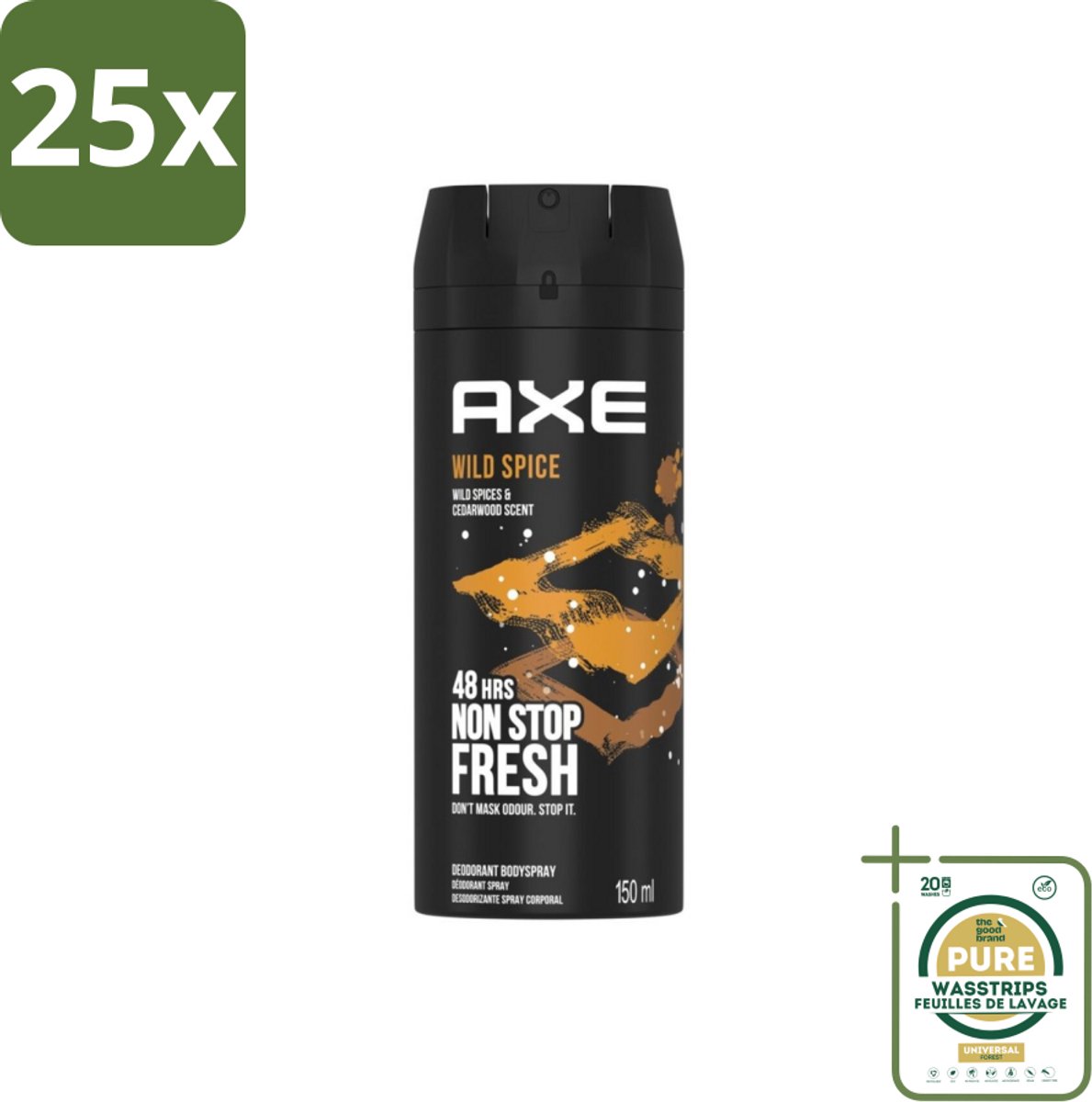 25 x Axe - Deodorant Bodyspray - 48hrs Non Stop Fresh - Wild Spice - Wild Spices & Cedarwood - 150 ml - Grootverpakking - Axe Wild Spice - Deodorant Bodyspray - 48 Uur Fris - Anti-geur - Cederhout Geur