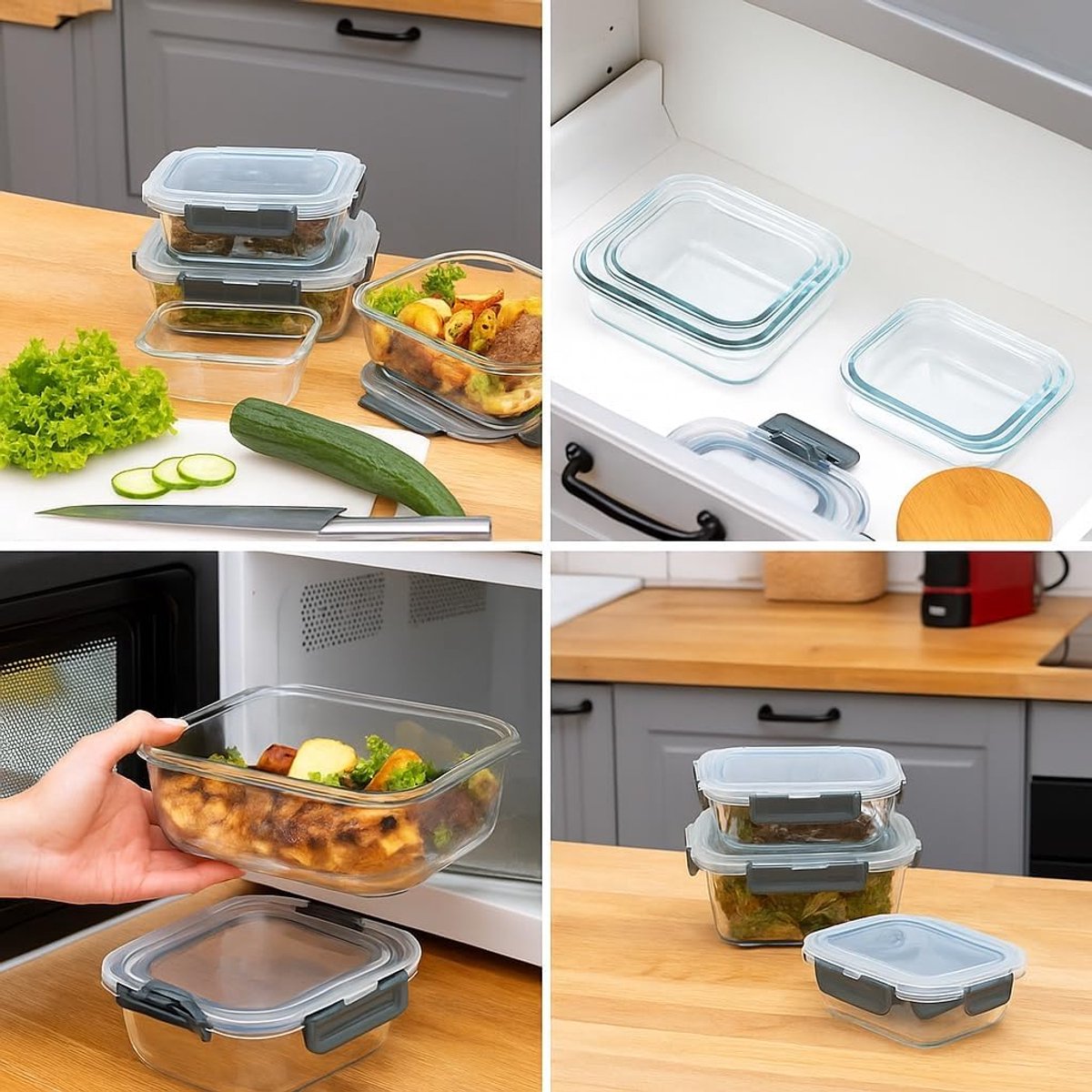 Glazen Verscontainers Set - Bakjes met deksel - Voedsel bewaren - Hittebestendig borosilicaatglas - 5x 370 ml - Transparant — cadeau in Cadeau-ideeën - foto 7