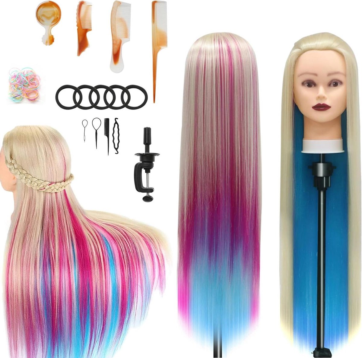 Trainingshoofd Haar - Kaphoofd Oefenen - Haar Stijlen Leren - 100% Synthetisch Haar - 66-71 cm - Bruin