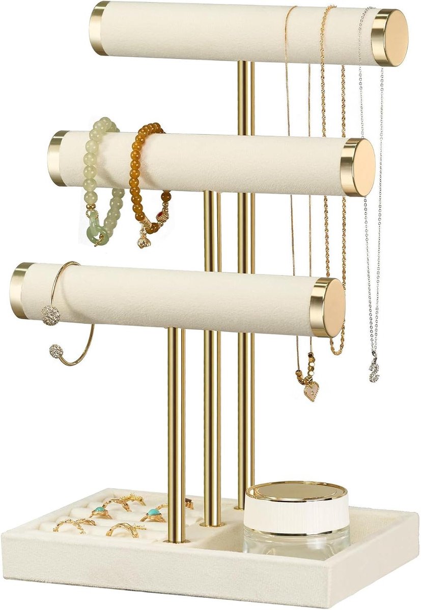 Sieradenorganizer - Sieradenstandaard - Sieraden Presenteren - Verwijderbare T-vorm - 3 Lagen - Beige
