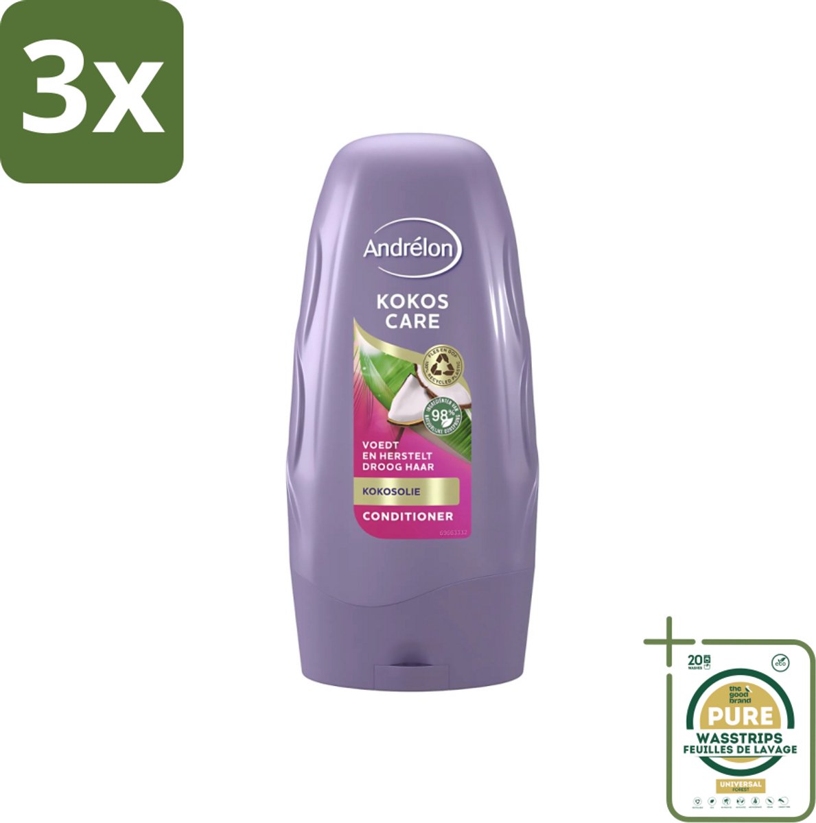 3 x Andrélon - Kokos Care - Conditioner - Diepe Hydratatie - 250 ml - Grootverpakking - Droog Haar - Beschadigd Haar - Kokosolie - Kokosmelk - Hydraatatie