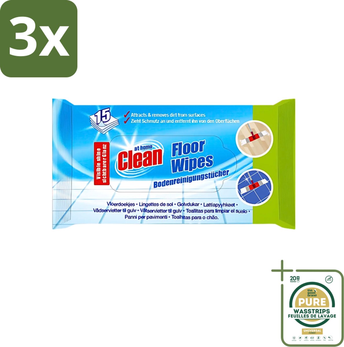 3 x At Home - Clean - Vloer Reinigingsdoekjes - Reinigt Effectief - 15 Doekjes - Grootverpakking - Vloer Reinigen - Reinigingsdoekjes Vloer - Vuil Verwijderen - Glans Vloer - Schoonmaken Vloer