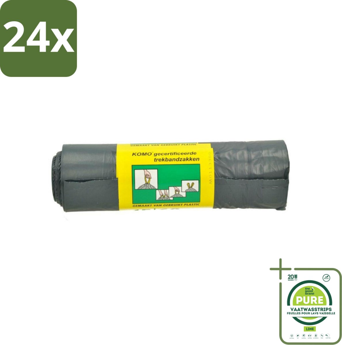 Komo Vuilniszakken Trekband 60L 15 stuks per verpakking - Voordeelverpakking - 24 stuks - Afvalzak 60 l - Trekband afvalzak