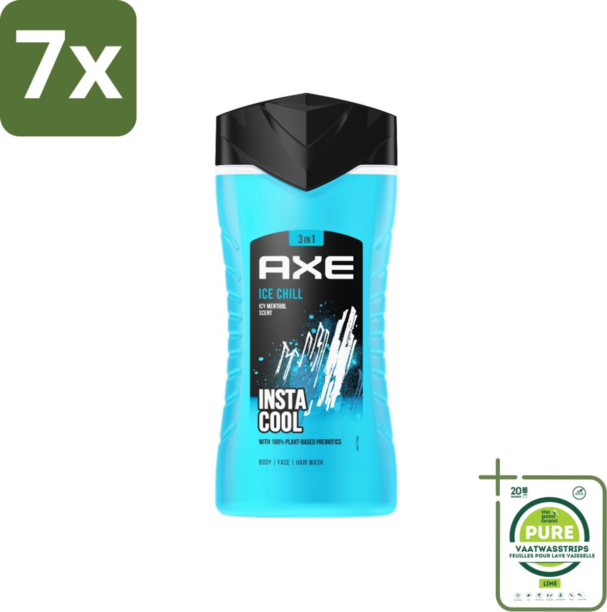 7 x Axe - 3-in-1 Douchegel - Ice Chill - Icy Menthol - Insta Cool - 100% Plantaardig - 150 ml - Grootverpakking - 3-in-1 Douchegel - Bevroren Munt Geur - Douchegel Voor Gezicht En Haar - Onweerstaanbare Geur - Frisheid