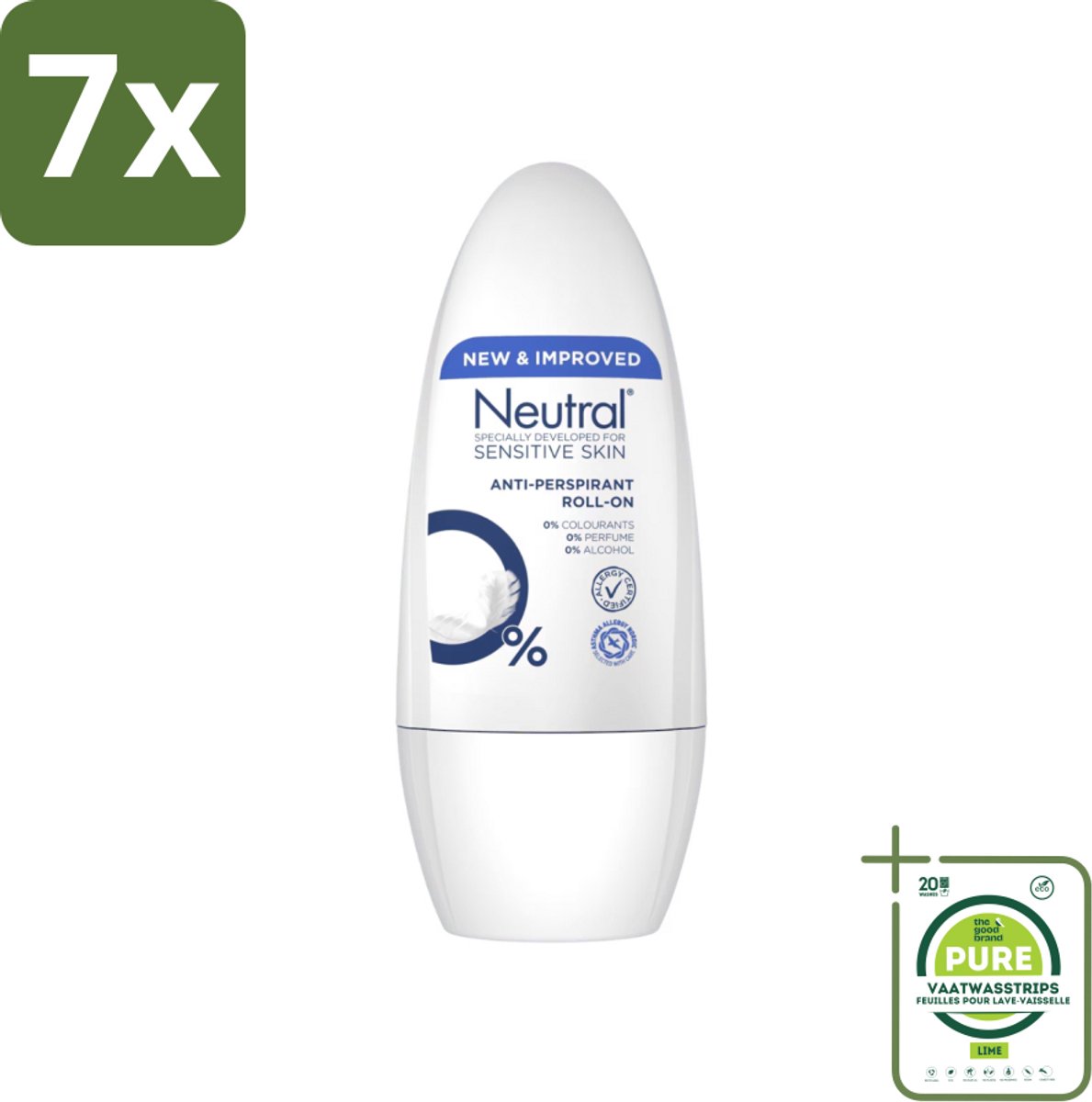 7 x Neutral - Deodorant Roller - Gevoelige Huid - Anti-perspirant - 0% Parfum, Kleurstof & Alcohol - 50 ml - Grootverpakking - Gevoelige Huid - Anti-perspirant - Deodorant Roller - Biologisch Afbreekbaar - Milieuvriendelijk