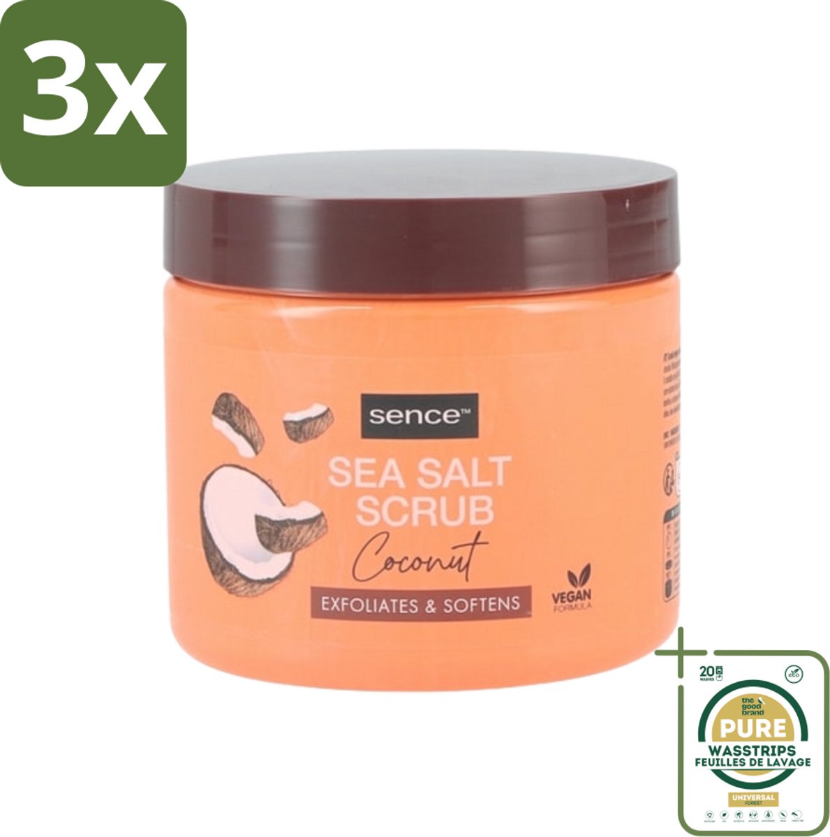 3 x Sence - Coconut - Bodyscrub - Verzorgend - 500 g - Grootverpakking - Bodyscrub Kokos - Huid Verzorging - Exfolieer Huid - Zeezout Scrub - Kokos Geur