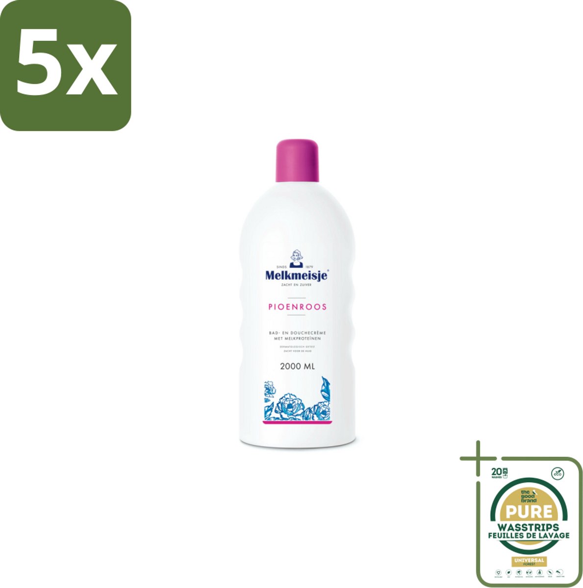 5 x Melkmeisje Bad en Douche Crème Pioenroos 2000 ml - Grootverpakking - Douchecrème - Melkproteïnen - Katoen - Huidverzorging - Pioenroos