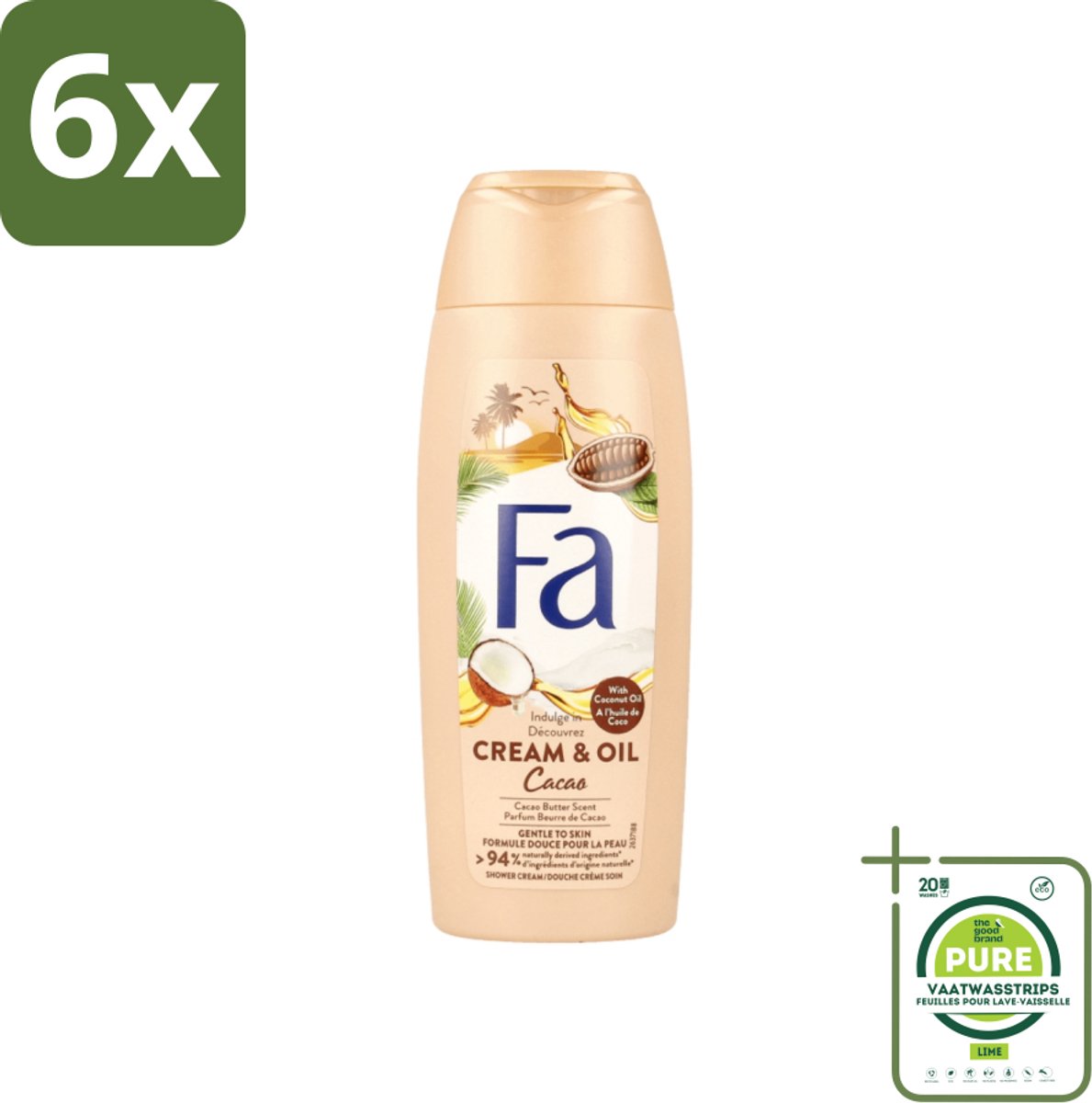 Fa - Douchecrème - Room & Olie Kokosnuss Kakaoboter - Verzachtend & Voedend - 250 ml - Voordeelverpakking - 6 stuks - Douchecrème - Natuurlijke douchecrème