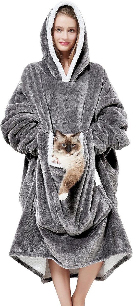 Zachte oversized hoodie voor dames van flanel met grote zak, ideaal als dekentje voor volwassenen en tieners (Grijs)