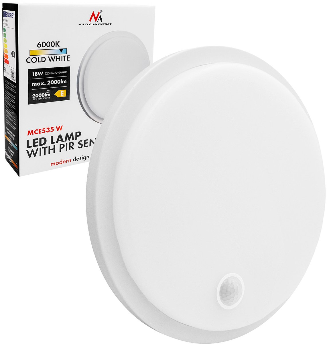 Maclean LED-lamp met bewegingssensor, PIR-sensor, wit, 10 W/15 W/18 W, IP65, instelbare kleurtemperatuur 3000/4000/6000 K, MCE535 W