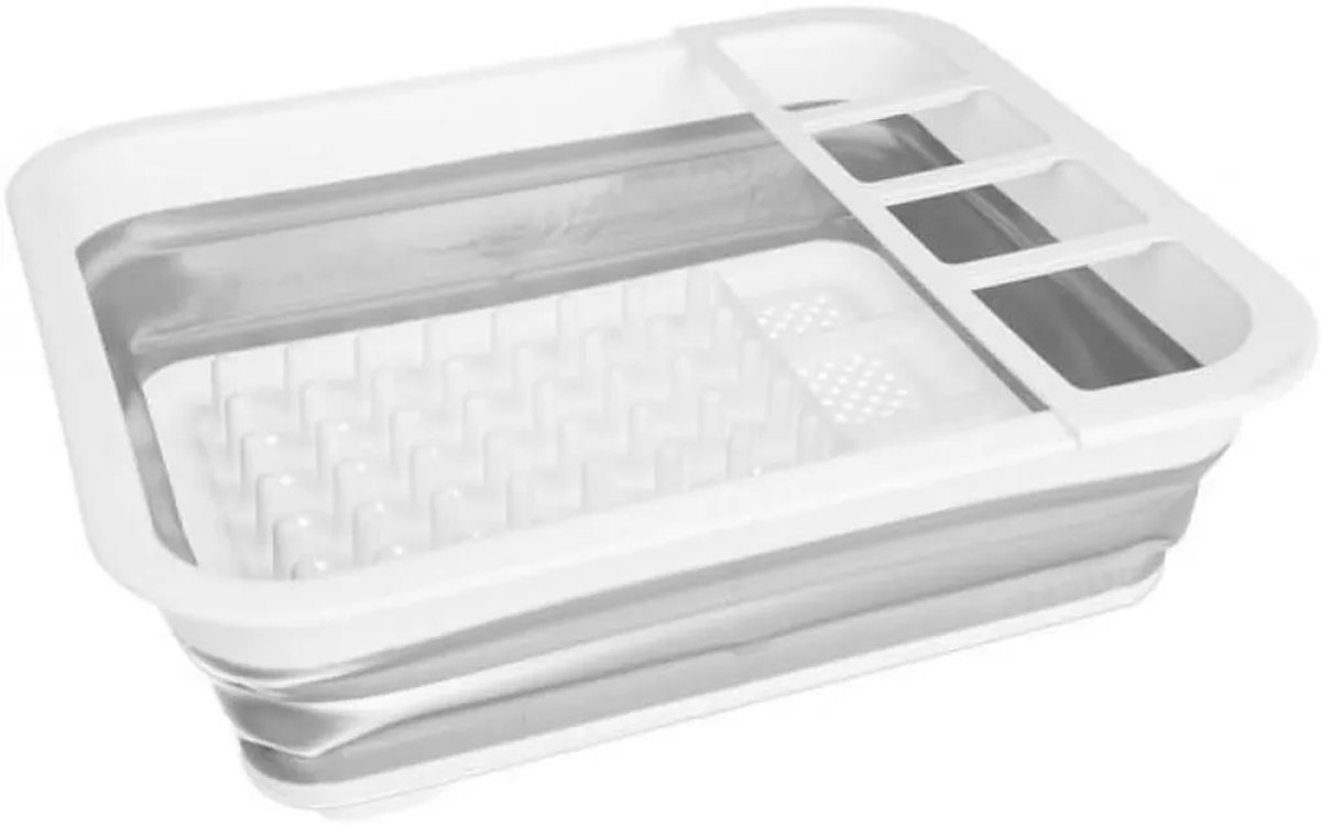 Het opvouwbare afvoermandje meet 36 x 31 cm en heeft vakjes van siliconen/PP/TPR in grijs/wit.