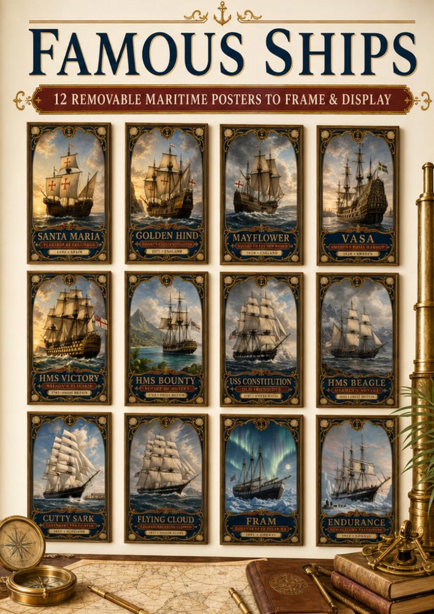 Famous Ships: 12 Removable Vintage Maritime Posters to Frame & Display – Legendary Sailing Ships, Historic Voyages & - ShopVlot