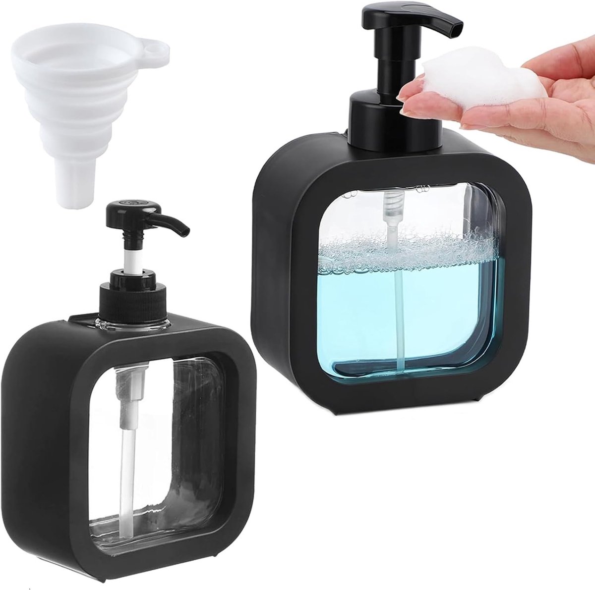 Set van 2 Zeepdispensers voor Badkamer en Keuken, Herbruikbare Dispenser met Trechter voor Shampoo en Vloeibare Zeep, 500ml en 300ml