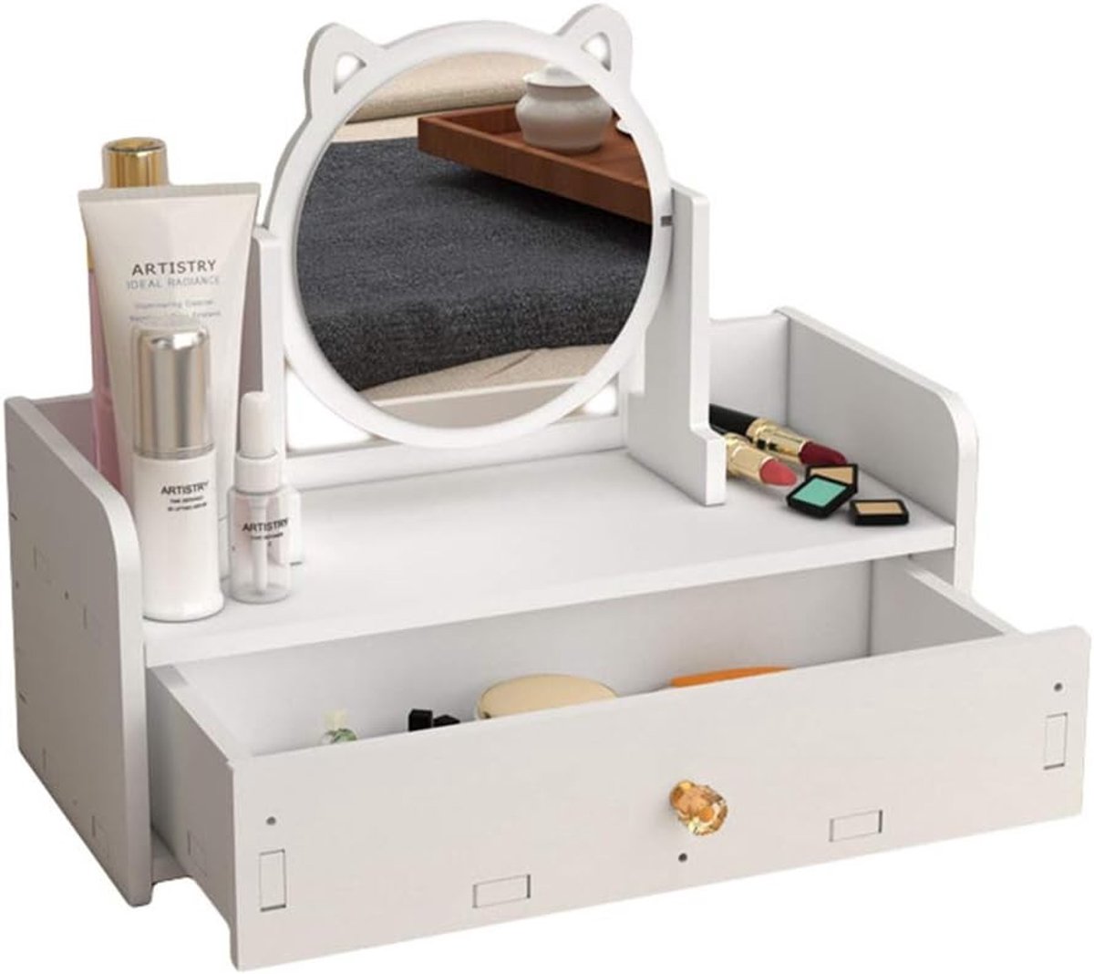 Cosmetica organizer met spiegel, grote lade en opbergruimte voor make-up en sieraden, mini kaptafel, wit, 15x14x32cm