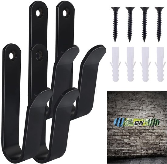 Set van 4 Horizontale Wandbeugels voor Snowboards en Skateboards - Stevige Wandmontage voor Langboards en Skateboards, Zwart, Ideaal voor Display en Opslag